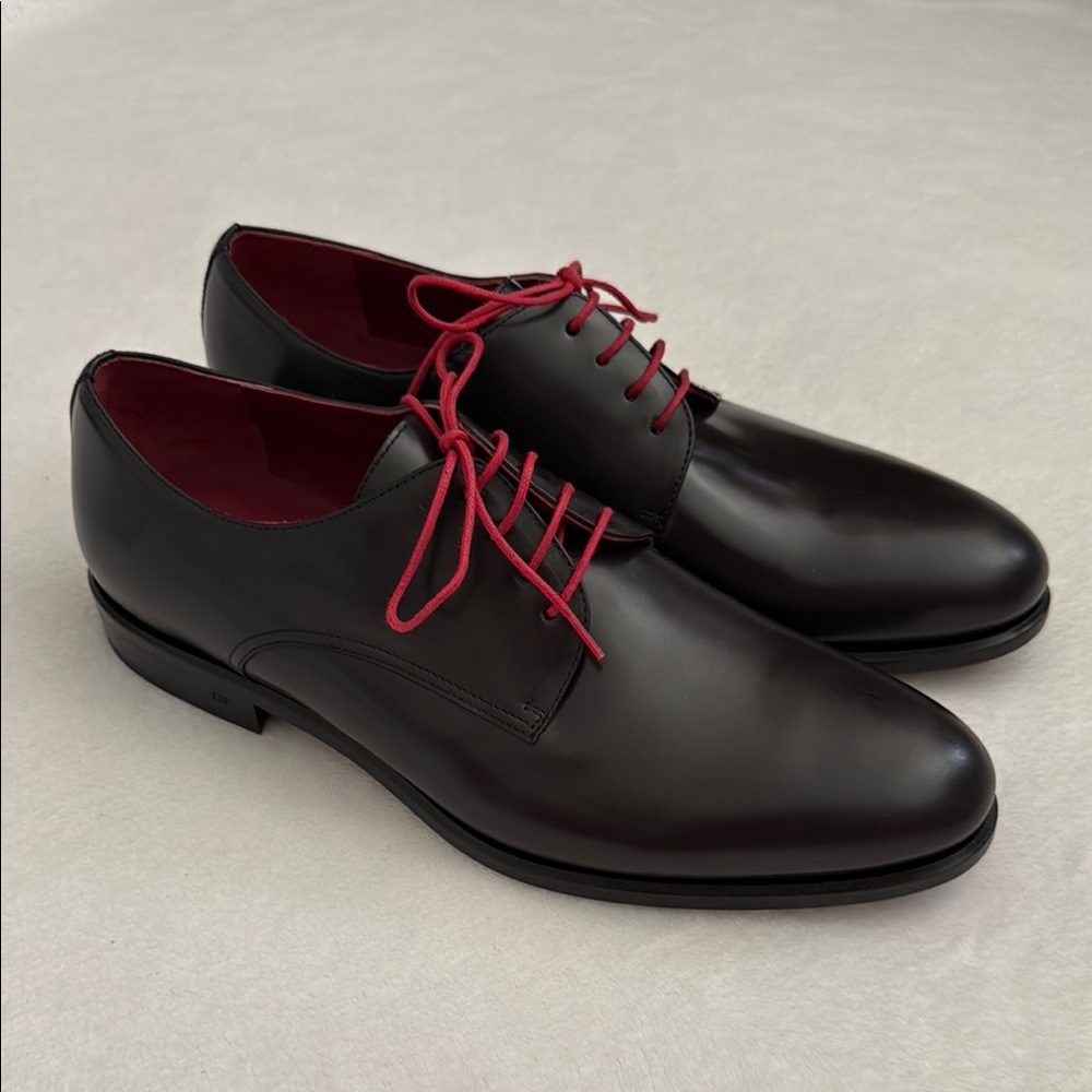 Sam Surin | Bespoke Shoes Leather Oxfords DF Monogram Black with Red Laces (9.5)